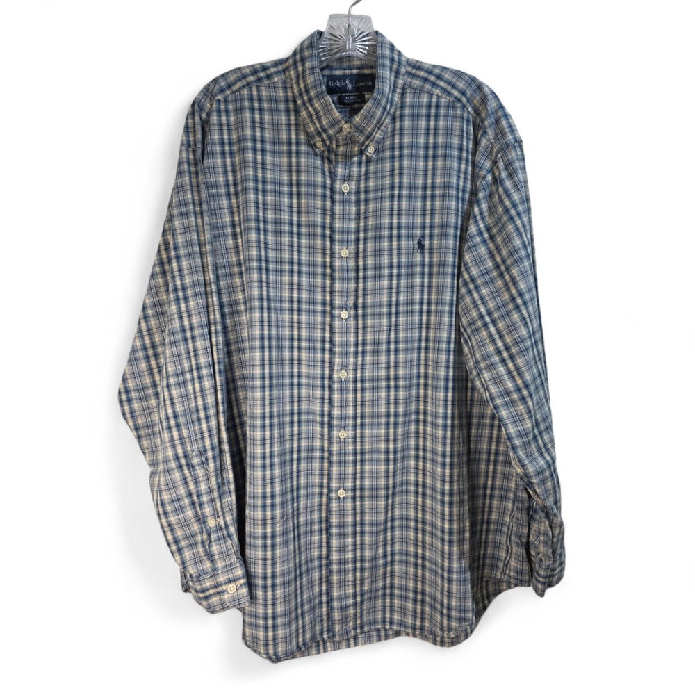 Ralph Lauren Blake Blue Plaid‎ Reg Fit Men's Button Down Shirt 100%Cotton Casual